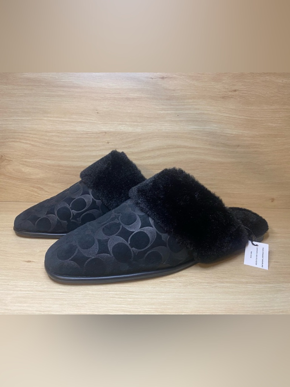 Coach Sherpa Flat Mule Slipper Signature Suede Black Faux Shearling NWT Size 11
